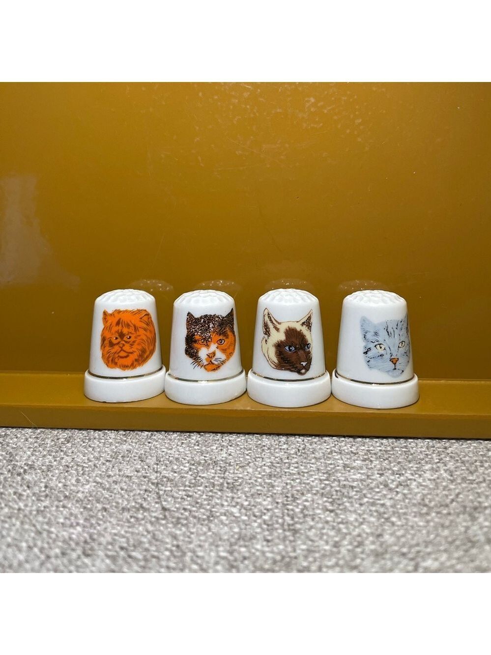 Vintage 4 PC Porcelain Cat Faces Thimbles